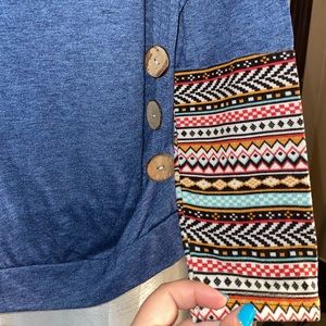 NWOT Blouse Long Sleeve Button Hip & Aztec Sleeve